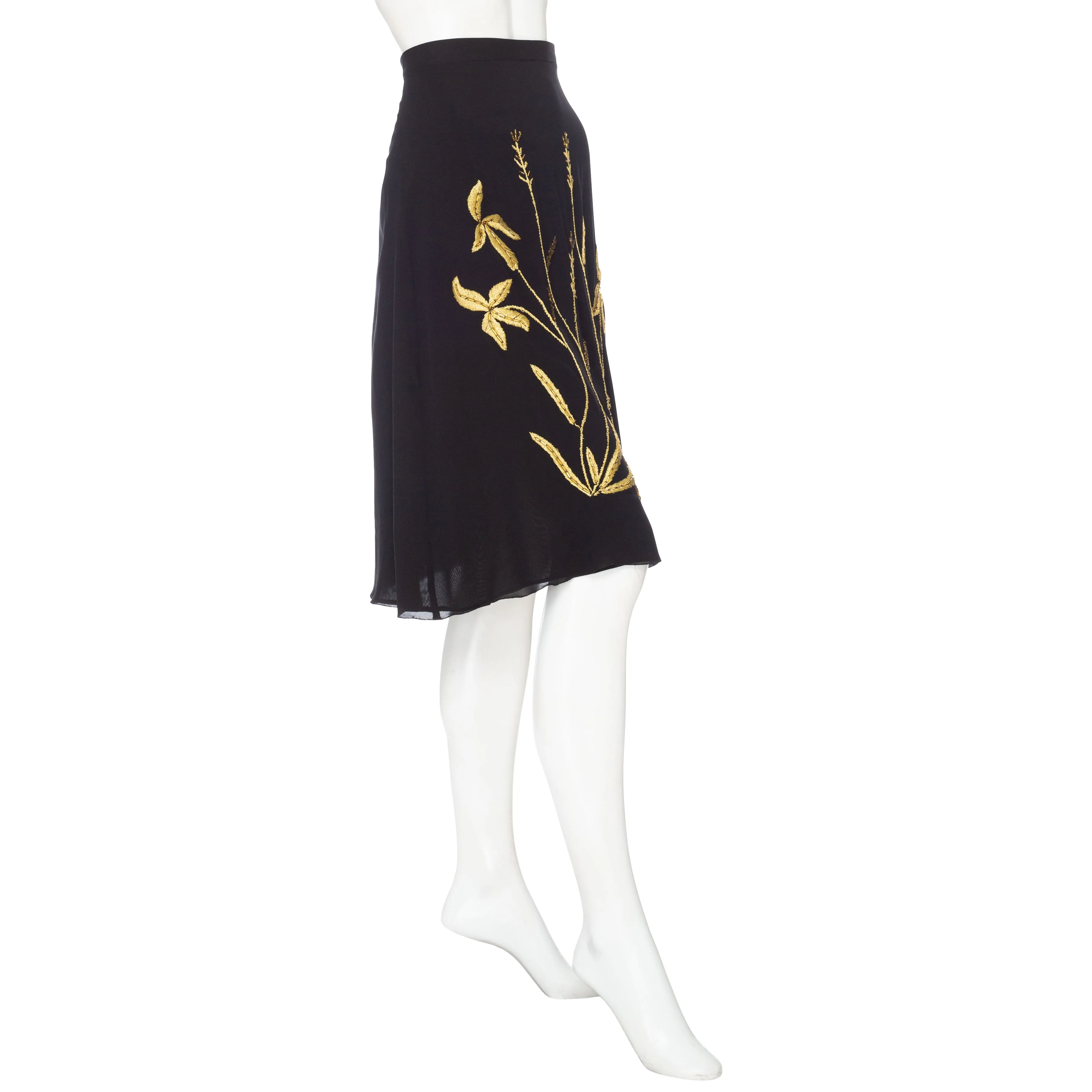 1998 Black Silk Gold Embroidered Floral A-Line Skirt