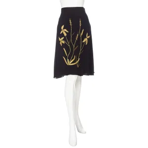 1998 Black Silk Gold Embroidered Floral A-Line Skirt