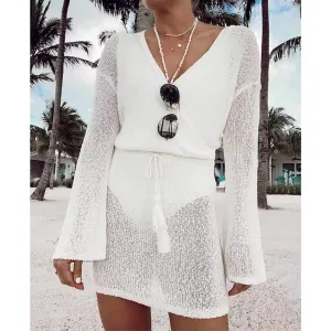 2023 Sexy Bikini Cover-ups Beach White Crochet Tunic Knitted Summer Mini Dress  Long Sleeves Women  Swim Suit Cover Up