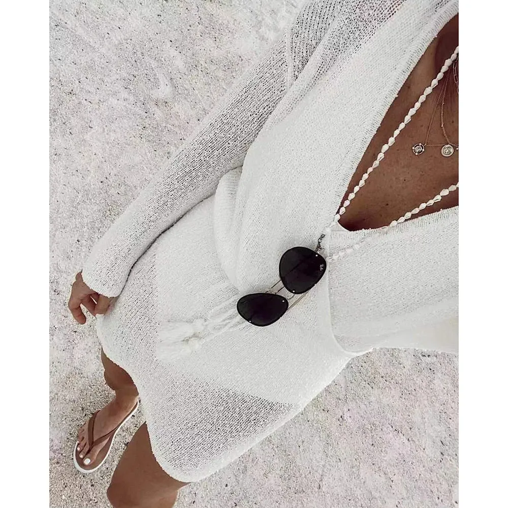 2023 Sexy Bikini Cover-ups Beach White Crochet Tunic Knitted Summer Mini Dress  Long Sleeves Women  Swim Suit Cover Up