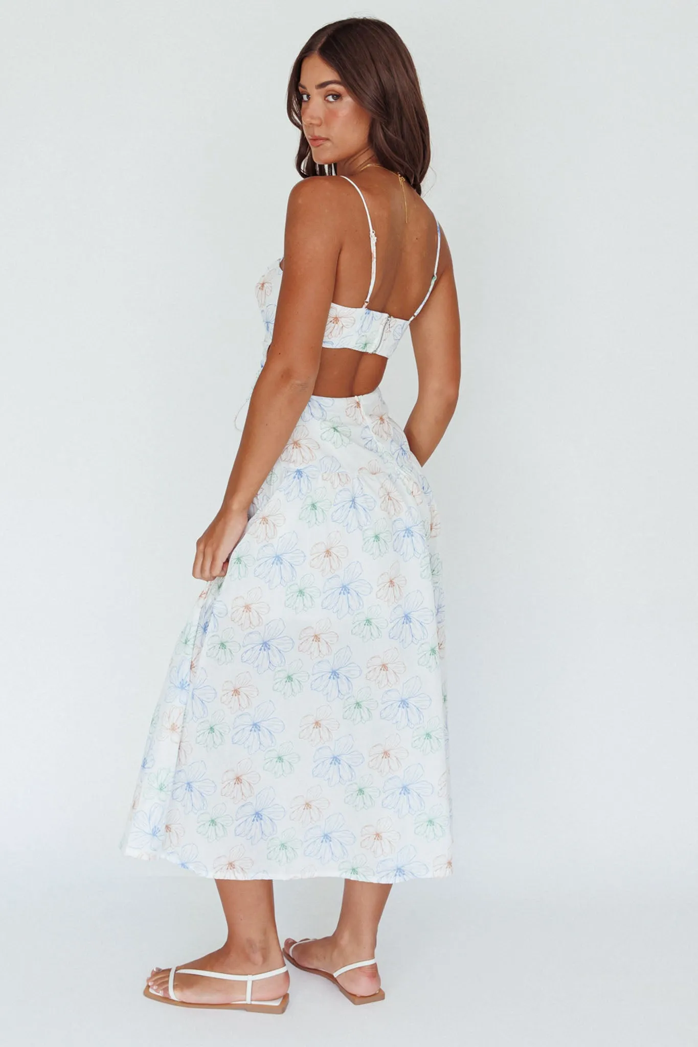 Aloha Cut-Out Waist Midi Dress Floral Blue