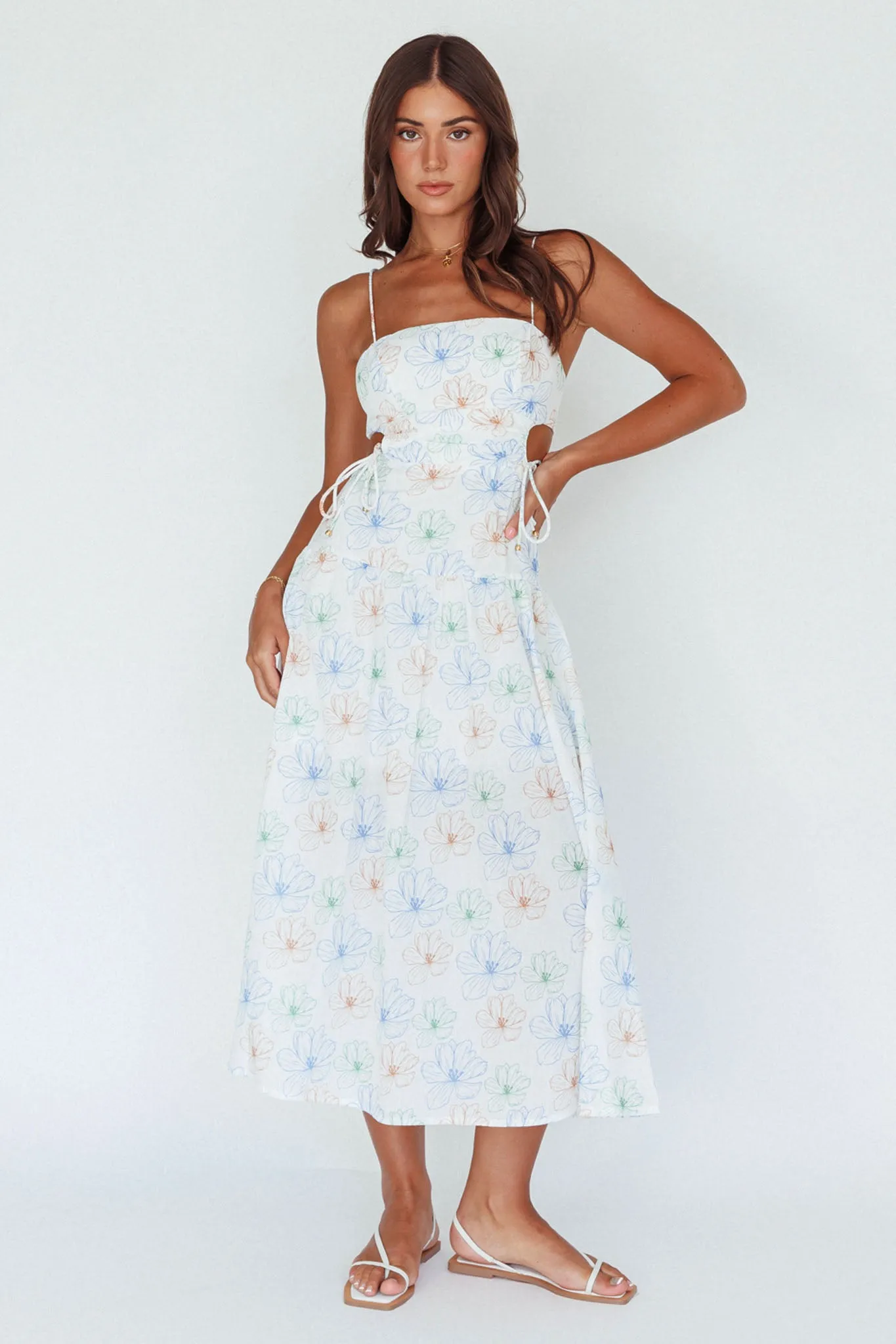 Aloha Cut-Out Waist Midi Dress Floral Blue