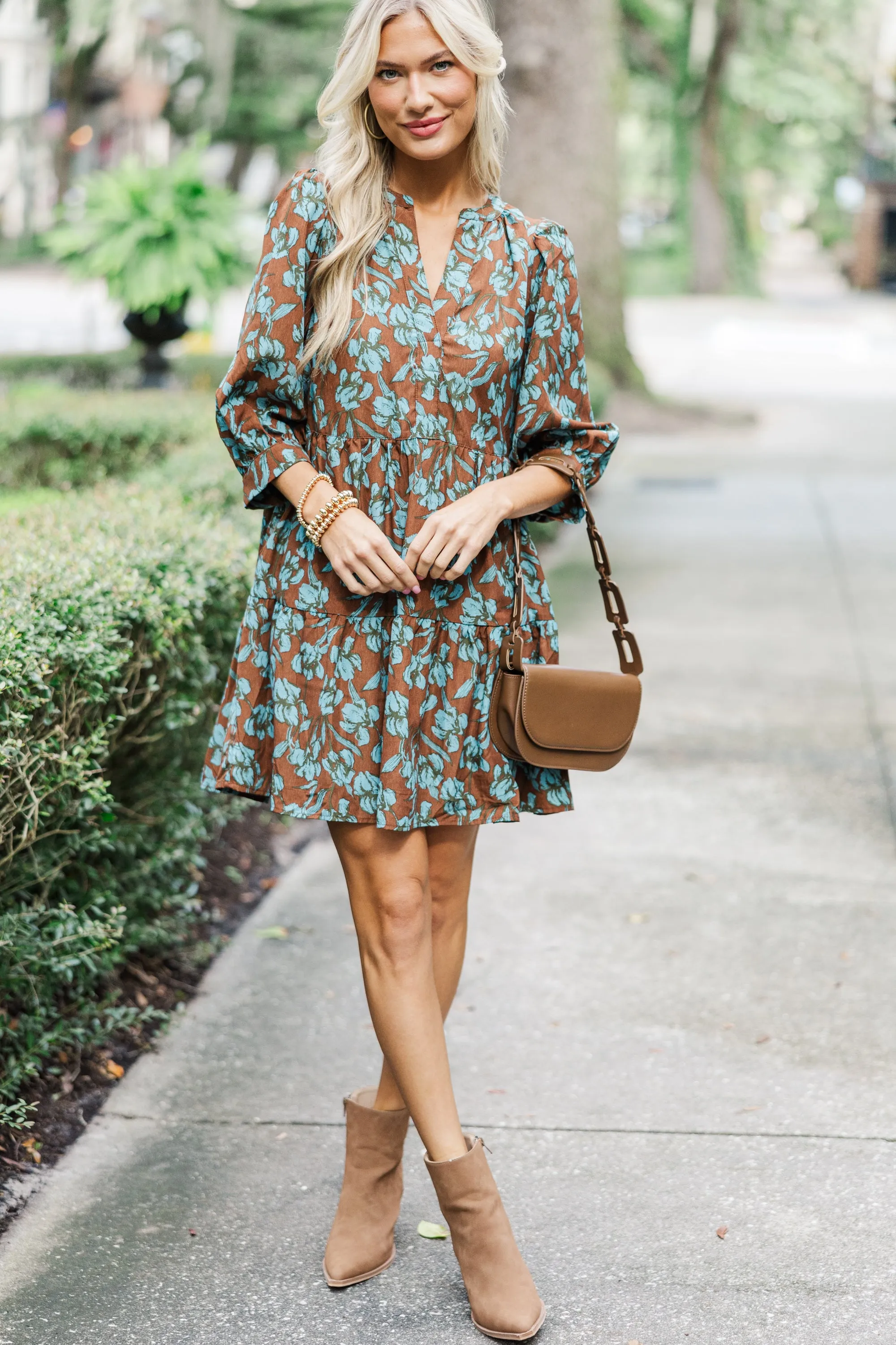 Always True Brown Ditsy Floral Dress