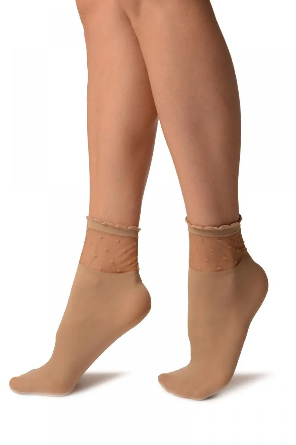 Beige Opaque With Sheer Spotty Top Ankle High Socks