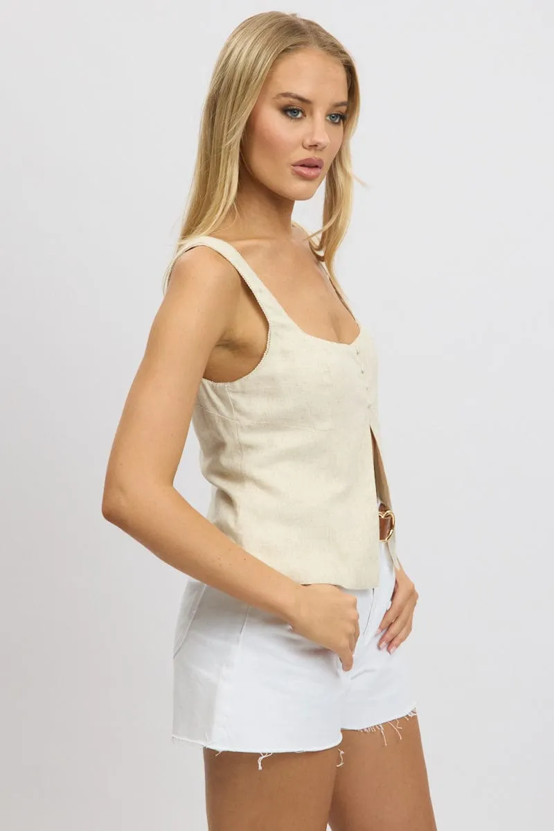 Beige Open Front Top Sleeveless Linen Blend