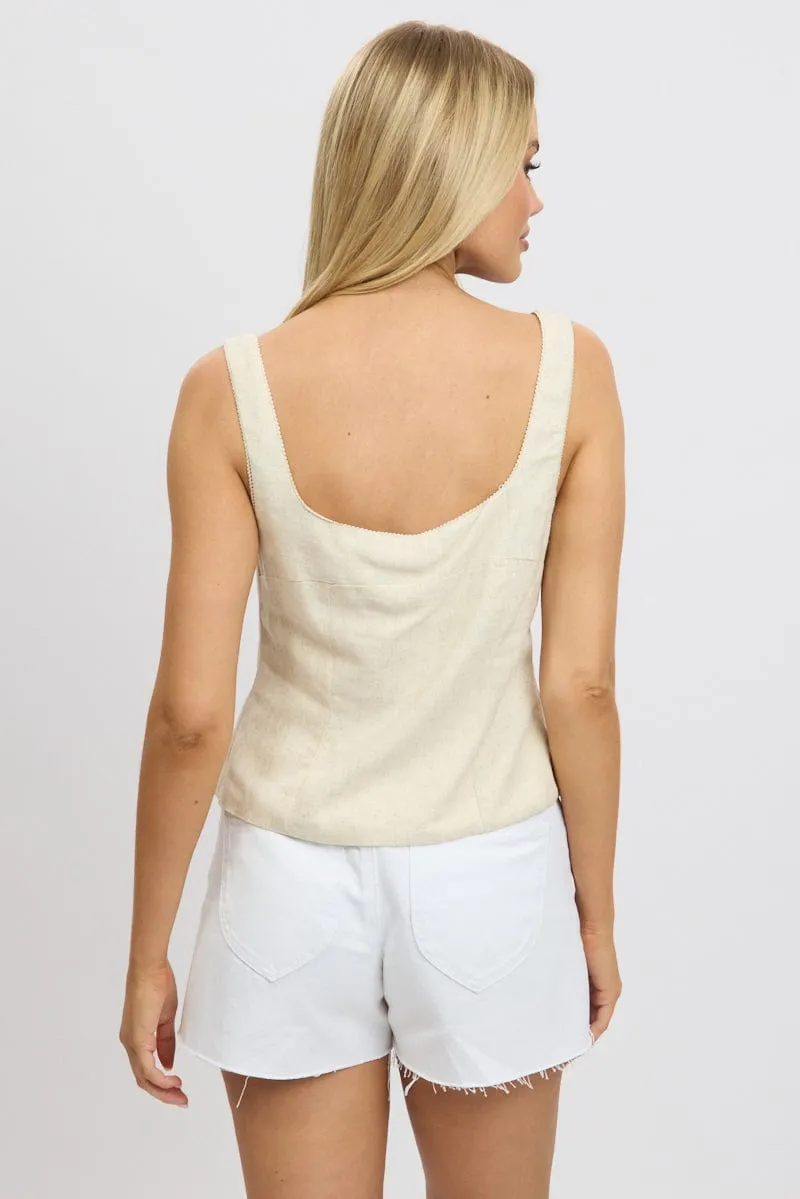 Beige Open Front Top Sleeveless Linen Blend