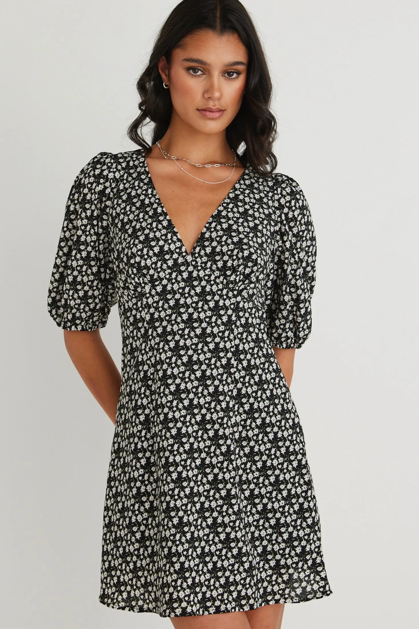 Bittersweet Black Ditsy Floral Back Tie Mini Dress