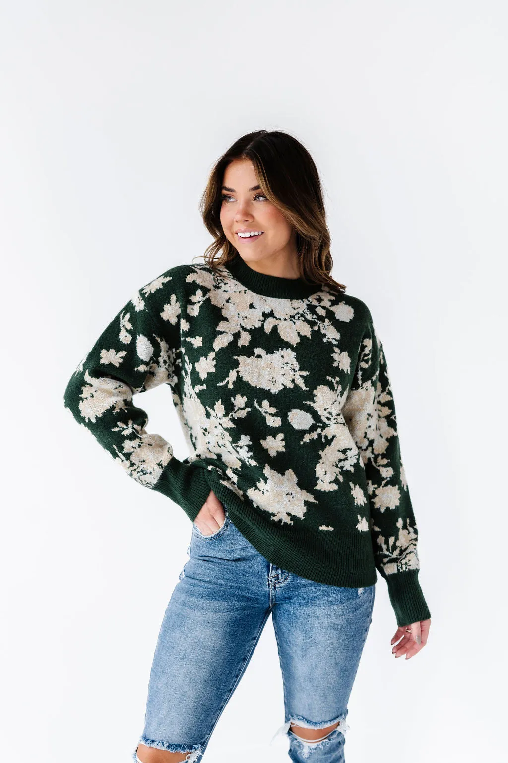 Calla Floral Knit Sweater in Green - Size Small Left