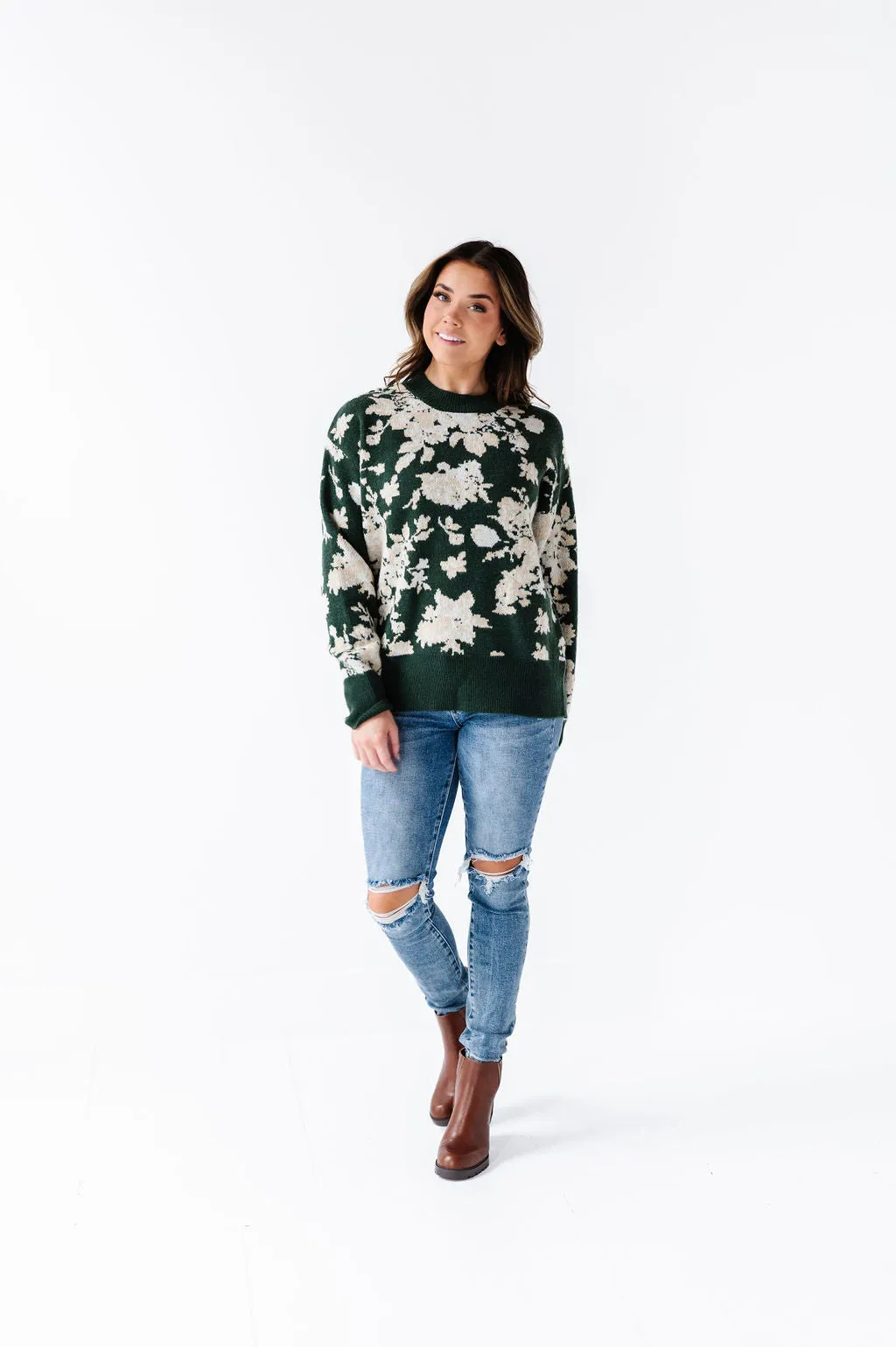 Calla Floral Knit Sweater in Green - Size Small Left