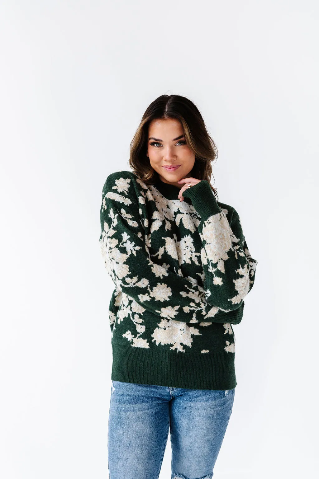 Calla Floral Knit Sweater in Green - Size Small Left