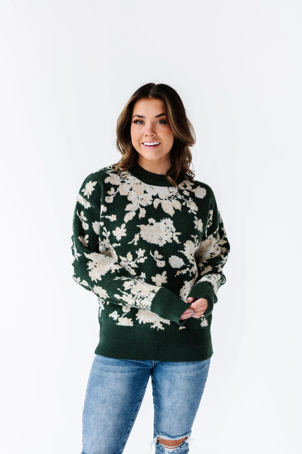 Calla Floral Knit Sweater in Green - Size Small Left