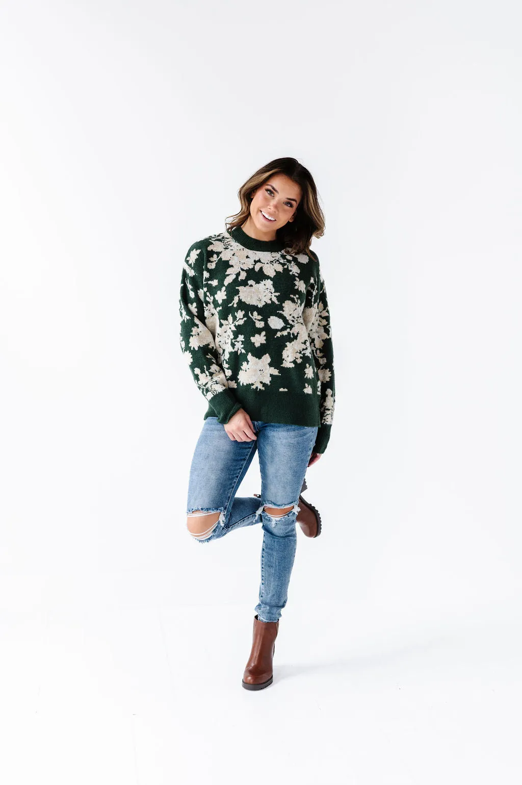 Calla Floral Knit Sweater in Green - Size Small Left