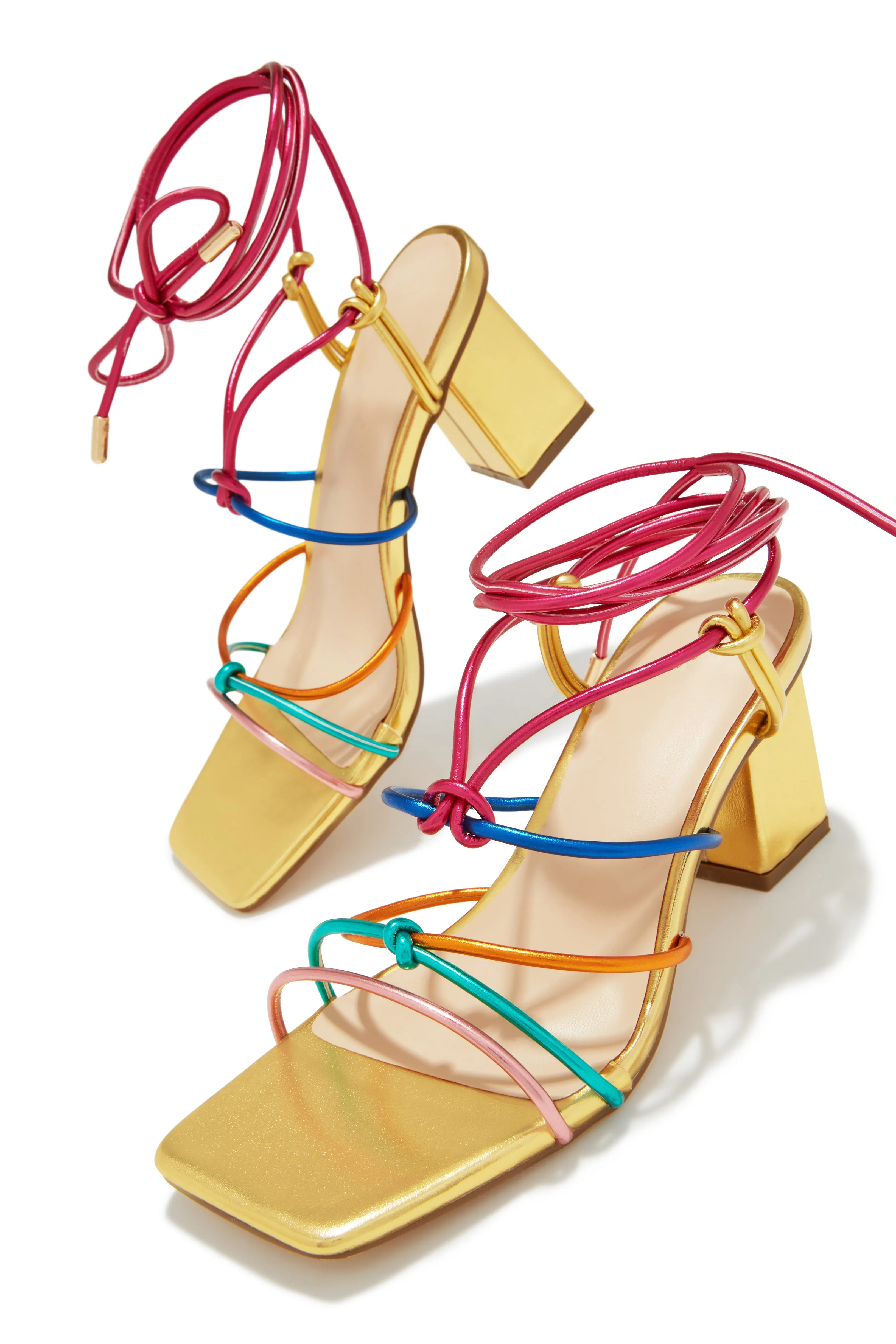 Cayla Lace Up Block Mid Heels - Gold Multi