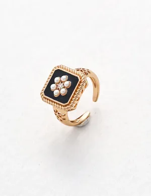 Classic Chanel-inspired Vintage Square Enamel Glazed Pearl Open Ring