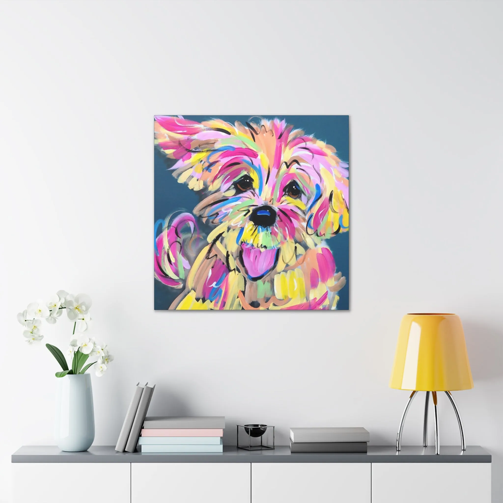 Colorful Happy Dog Face Painting by Pet Artist Debby Carman - Premium Canvas Artwork for Pet Lovers