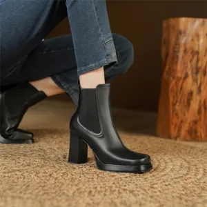 deanwangkt Autumn Boots   NEW Fall Shoes Women Split Leather Boots Square Toe Chunky Heel Shoes Solid Platform Modern Boots Eengent Super High Heel Boots