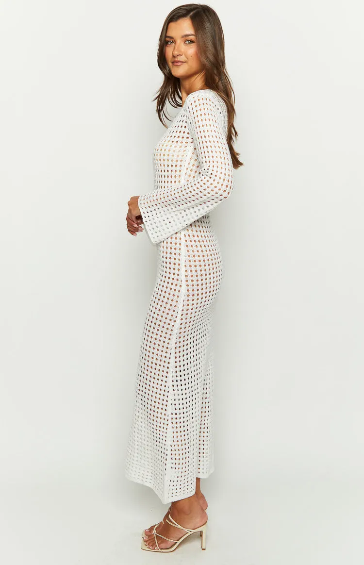 Destinations White Crochet Long Sleeve Maxi Dress