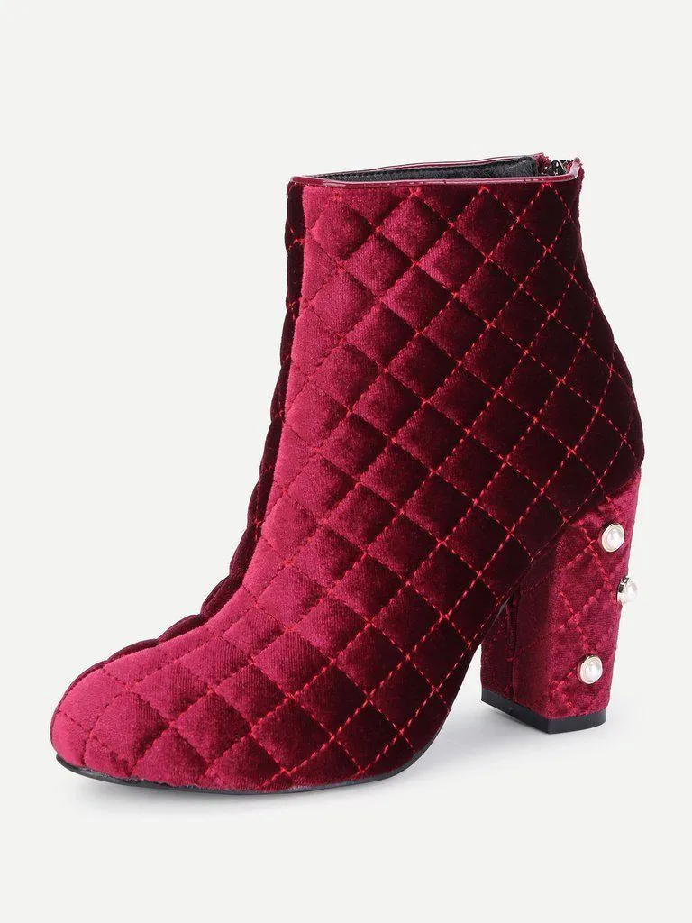 Faux Pearl Quilted Block Heeled Ankle Boots