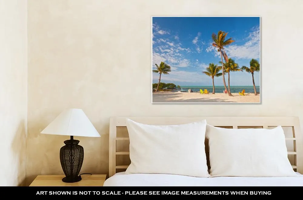 Gallery Wrapped Canvas, Summer Scene Colorful Chairs And Palm Trees At A Tropical Beach In Florida