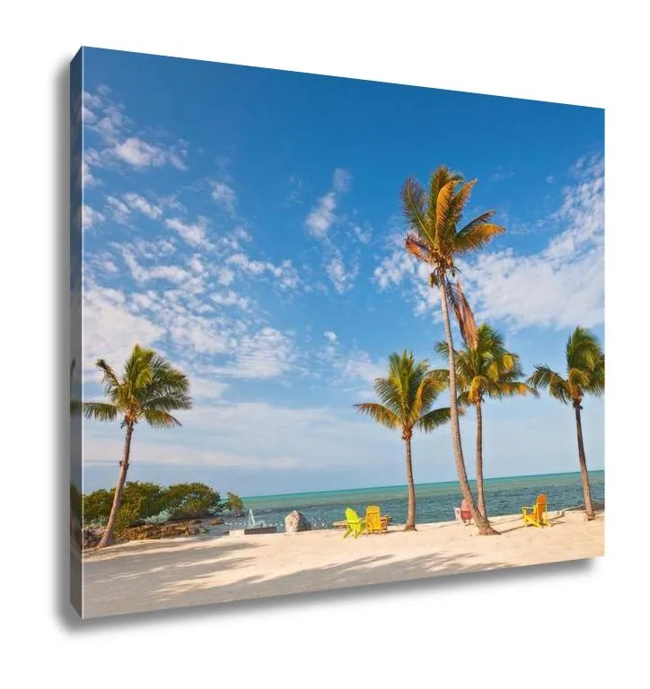 Gallery Wrapped Canvas, Summer Scene Colorful Chairs And Palm Trees At A Tropical Beach In Florida