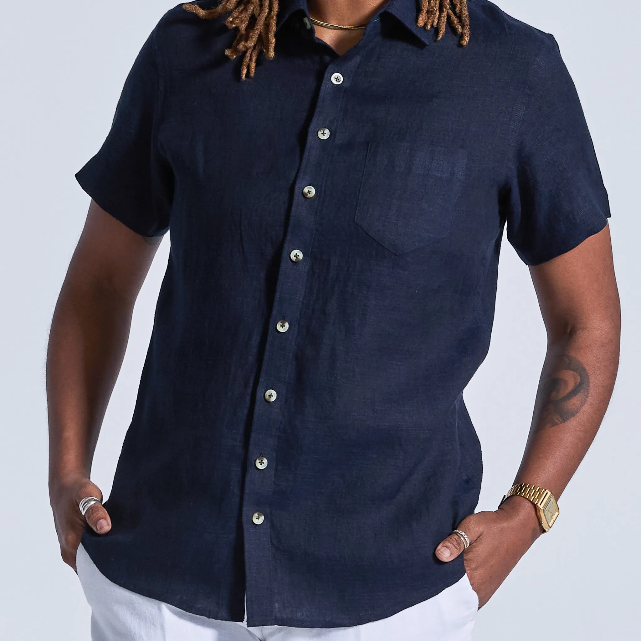 Midnight Sky Linen Short-Sleeve Shirt