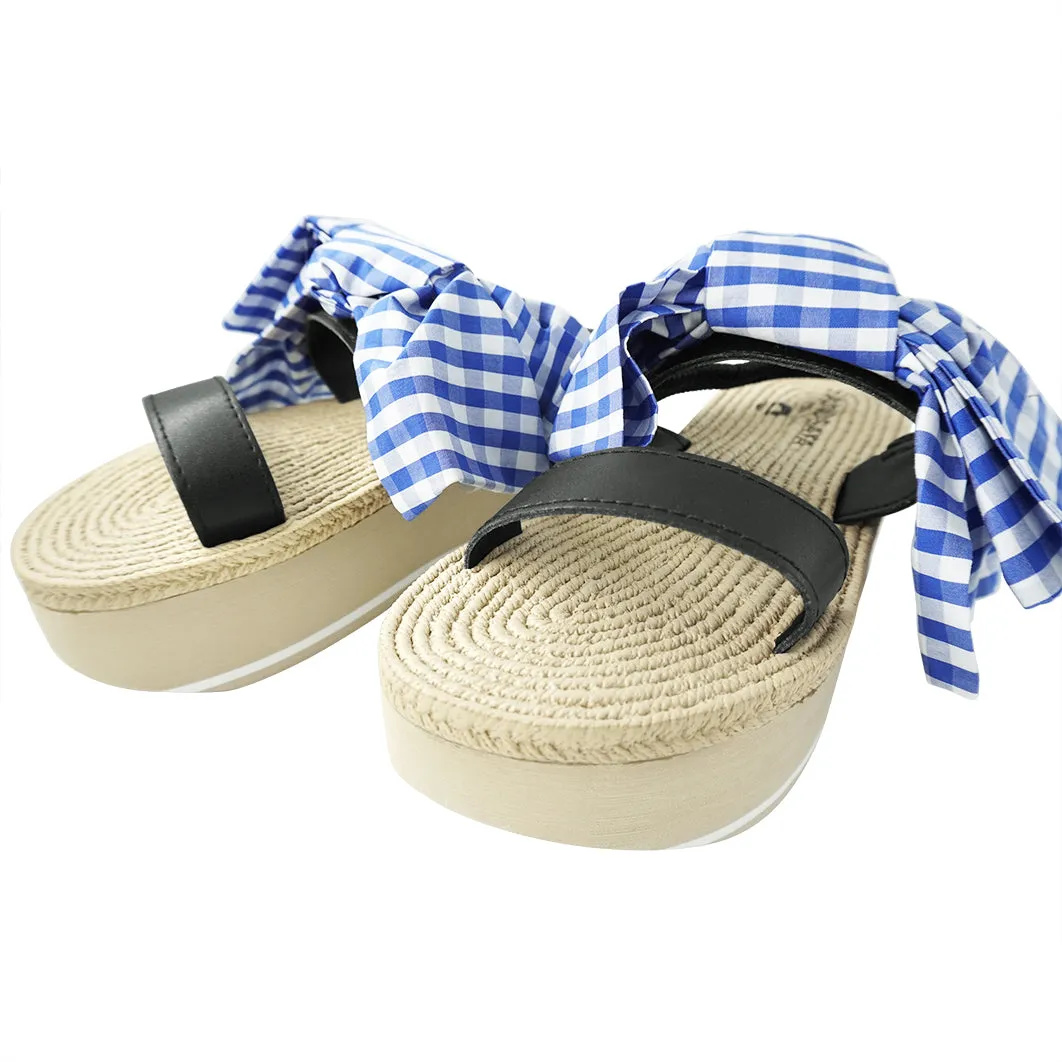 Moore- Oversized Gingham Blue Bow_Waterproof Espadrille Platform wedge heel sandals