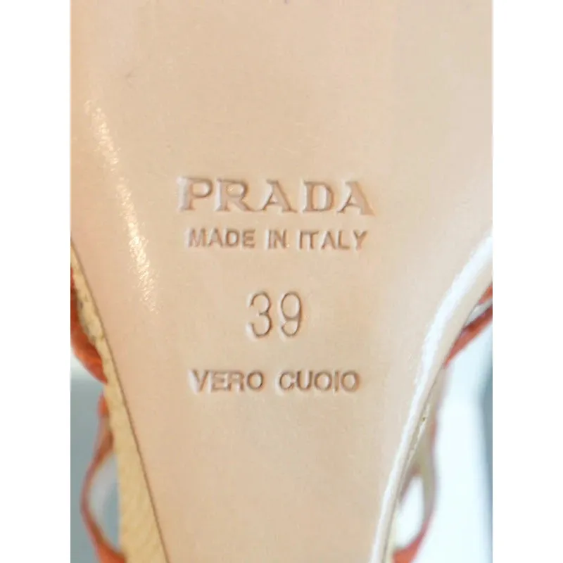 PRADA Woven Straw w/ Orange T-Strap Wedge Sandal | Size 39 - US 8