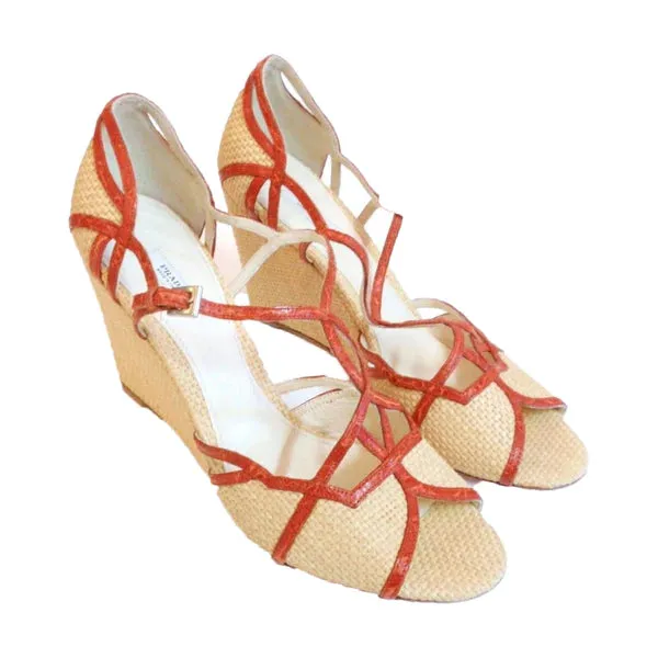 PRADA Woven Straw w/ Orange T-Strap Wedge Sandal | Size 39 - US 8