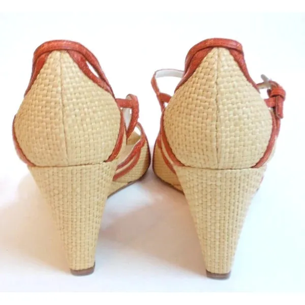 PRADA Woven Straw w/ Orange T-Strap Wedge Sandal | Size 39 - US 8