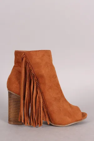 Wild Diva Lounge Suede Fringe Peep Toe Chunky Heel Booties