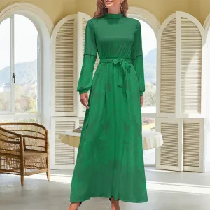 Women's Green Ombre Long Dress Long Sleeve Ankle Length High Neck Tie Waist Dress