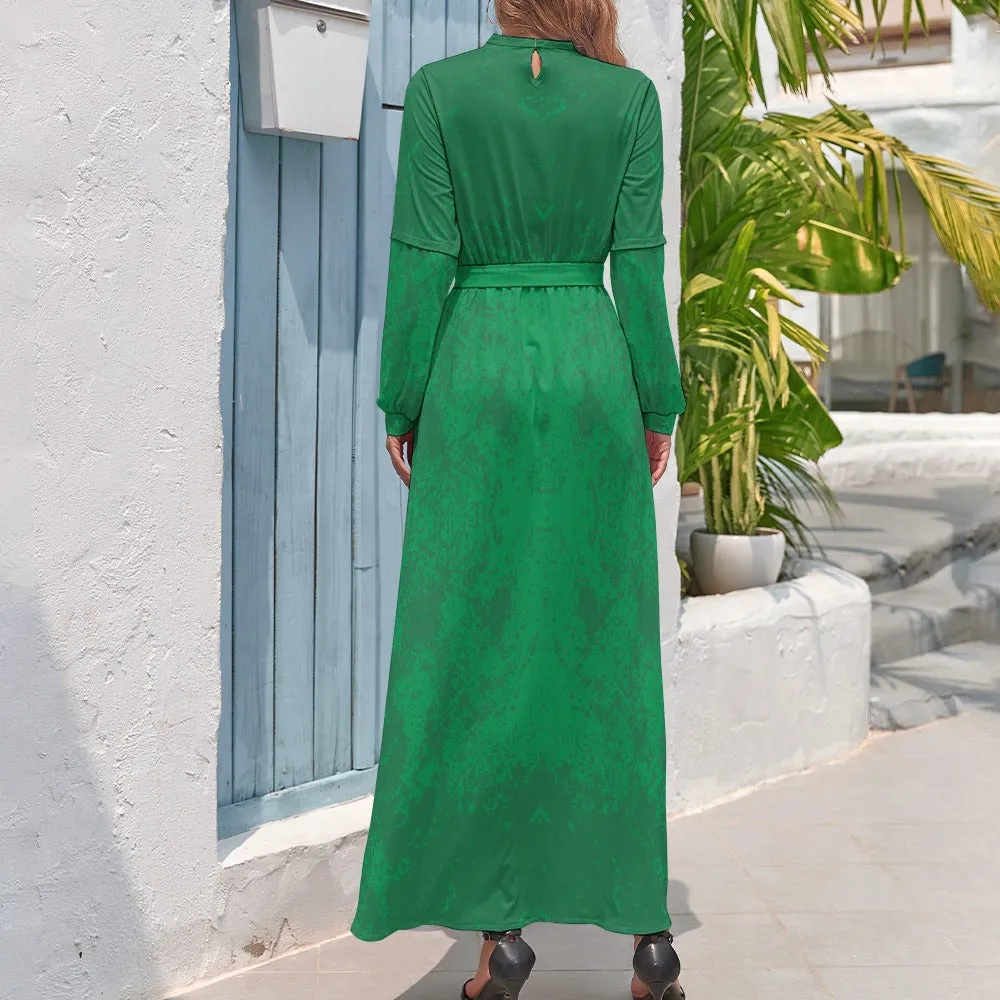 Women's Green Ombre Long Dress Long Sleeve Ankle Length High Neck Tie Waist Dress