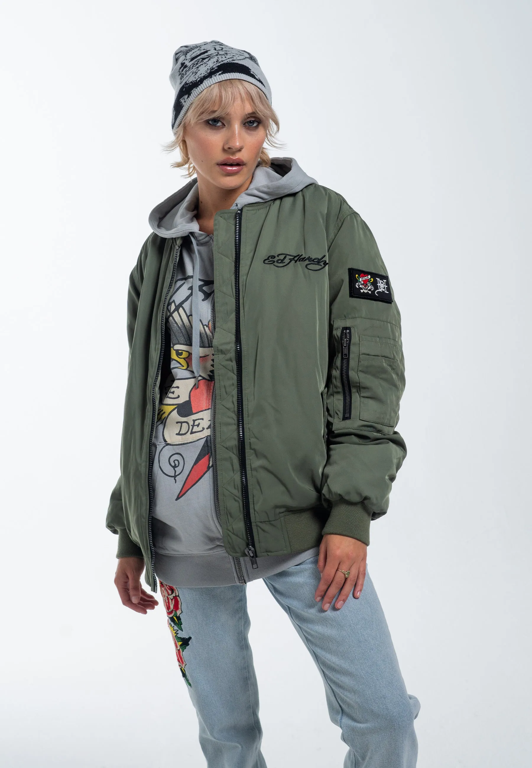 Womens Tonal Double Venom Ma1 Bomber Jacket - Khaki