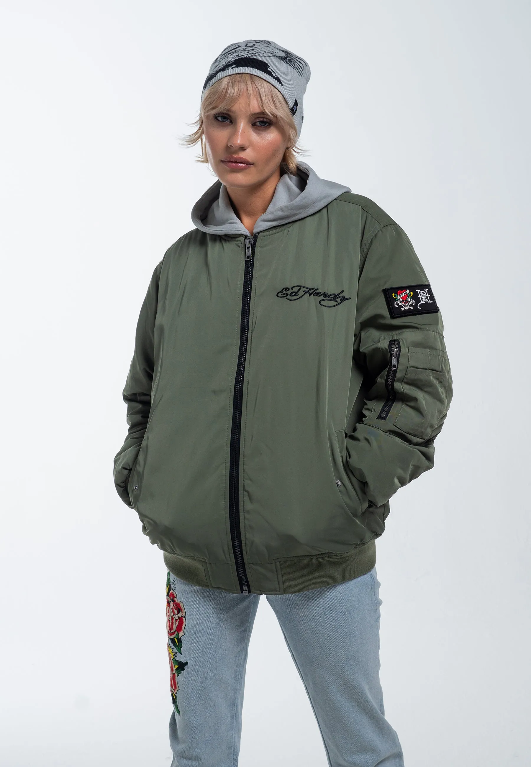 Womens Tonal Double Venom Ma1 Bomber Jacket - Khaki